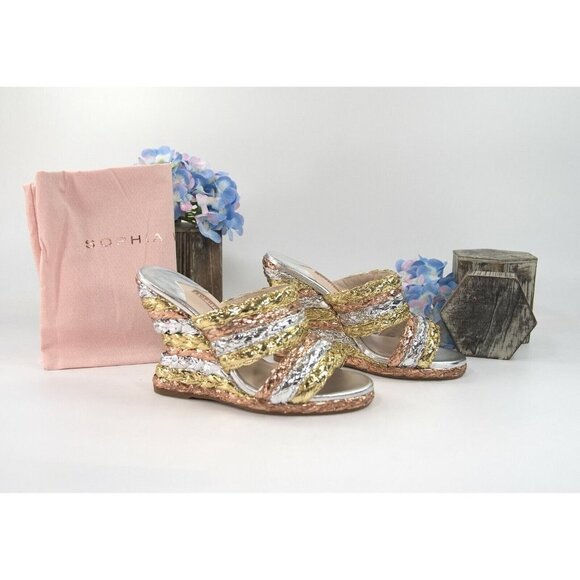 Sophia Webster Metallic Leather Ines Raffia Espadrille Wedge Heels Size 38.5 NIB - Picture 1 of 7
